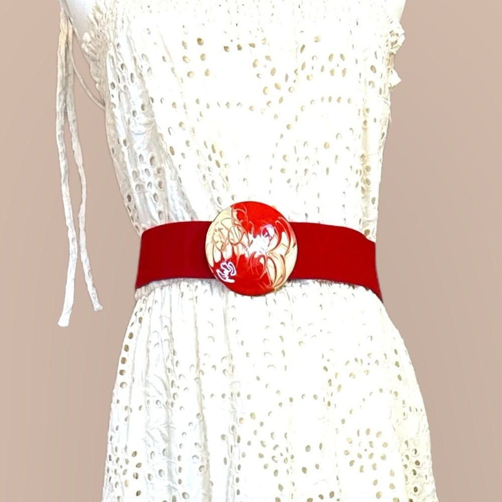 Retro vintage 70's red elastic wide belt w silver painted‎ red swirl patten